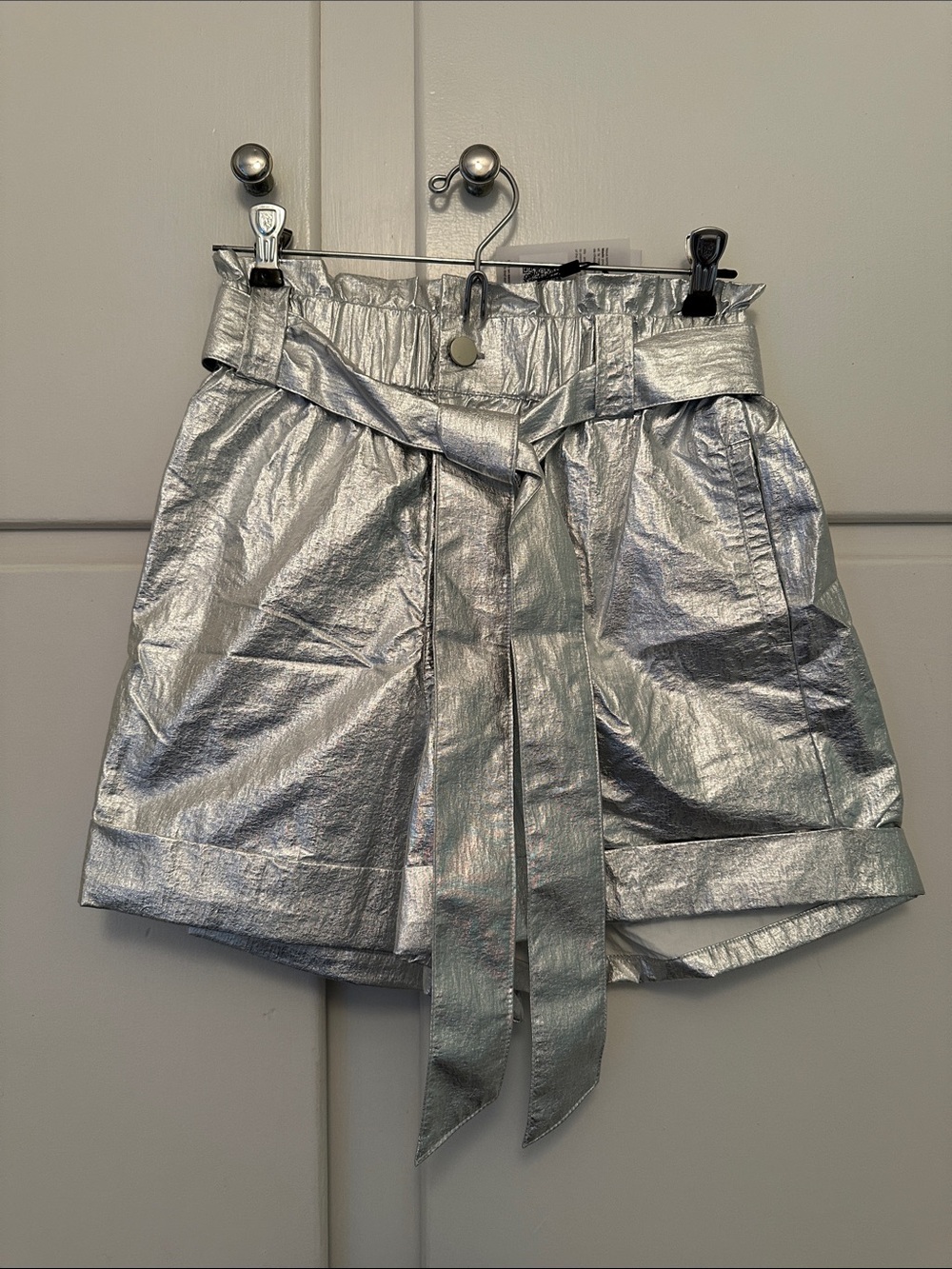 NWT Suncoo Benassi Silver Paperbag High Waisted Shorts